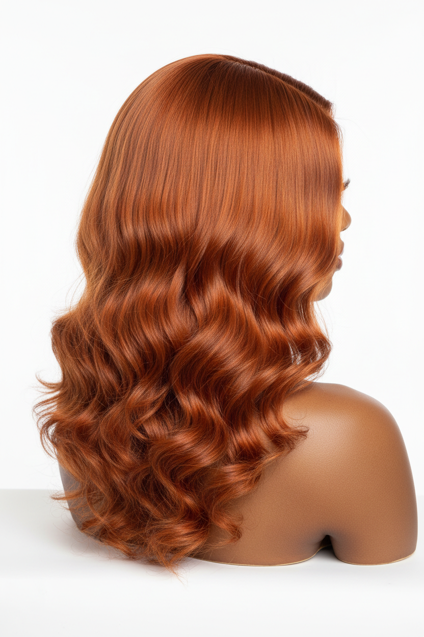 Back view showing full volume and density of Copper Orange Ginger 350 wig