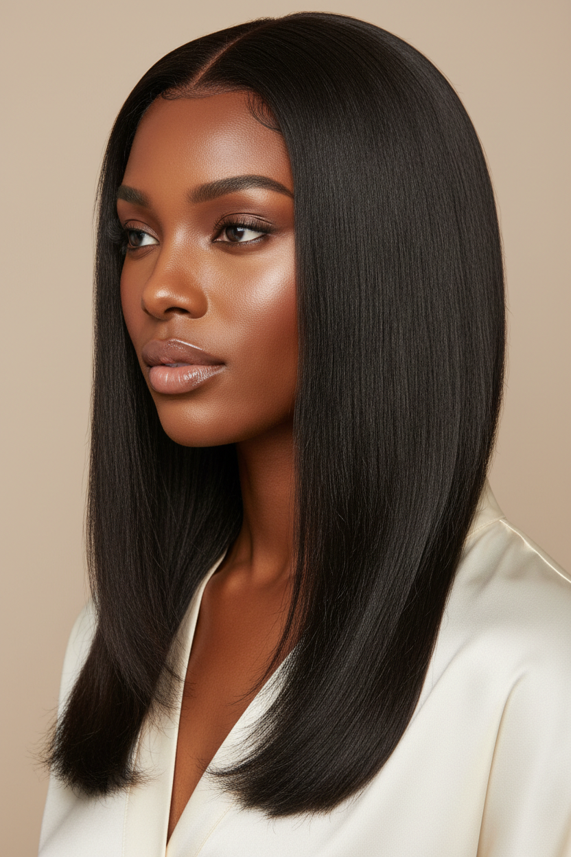 Black woman wearing yaki straight human hair wig
