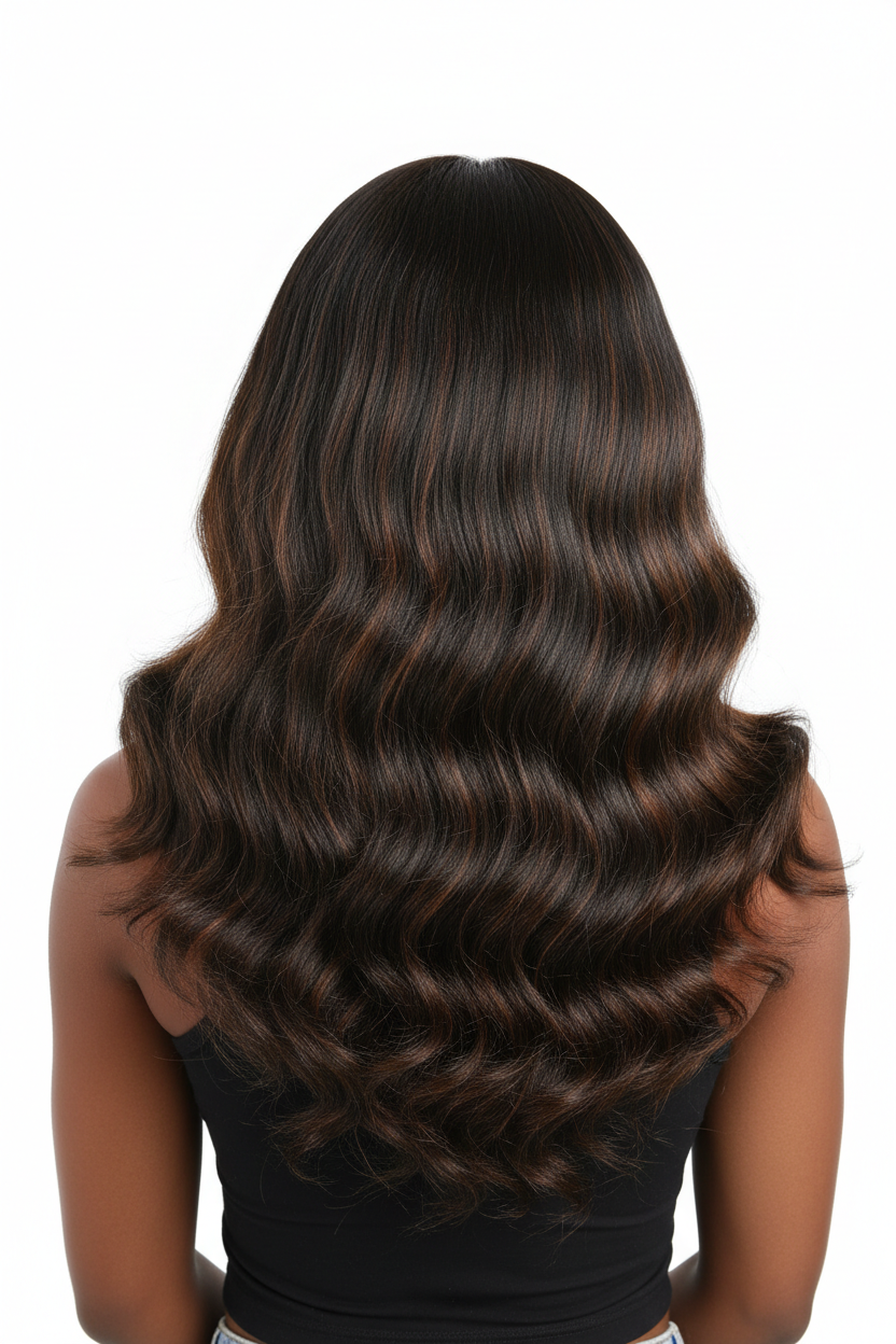 Back view showing full volume and density of human hair wig with Brown #4 highlights