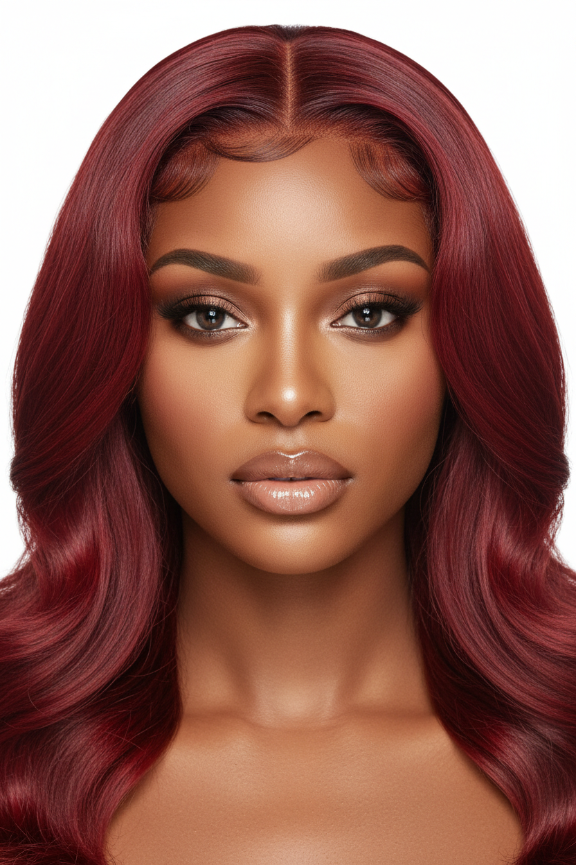 Front view of premium body wave human hair wig in Bright Red Burg - 13x4 lace front