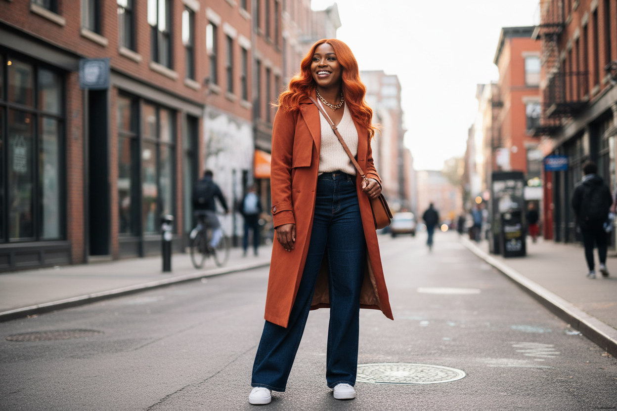 Lifestyle image - woman wearing Copper Orange Ginger 350 wig in urban setting