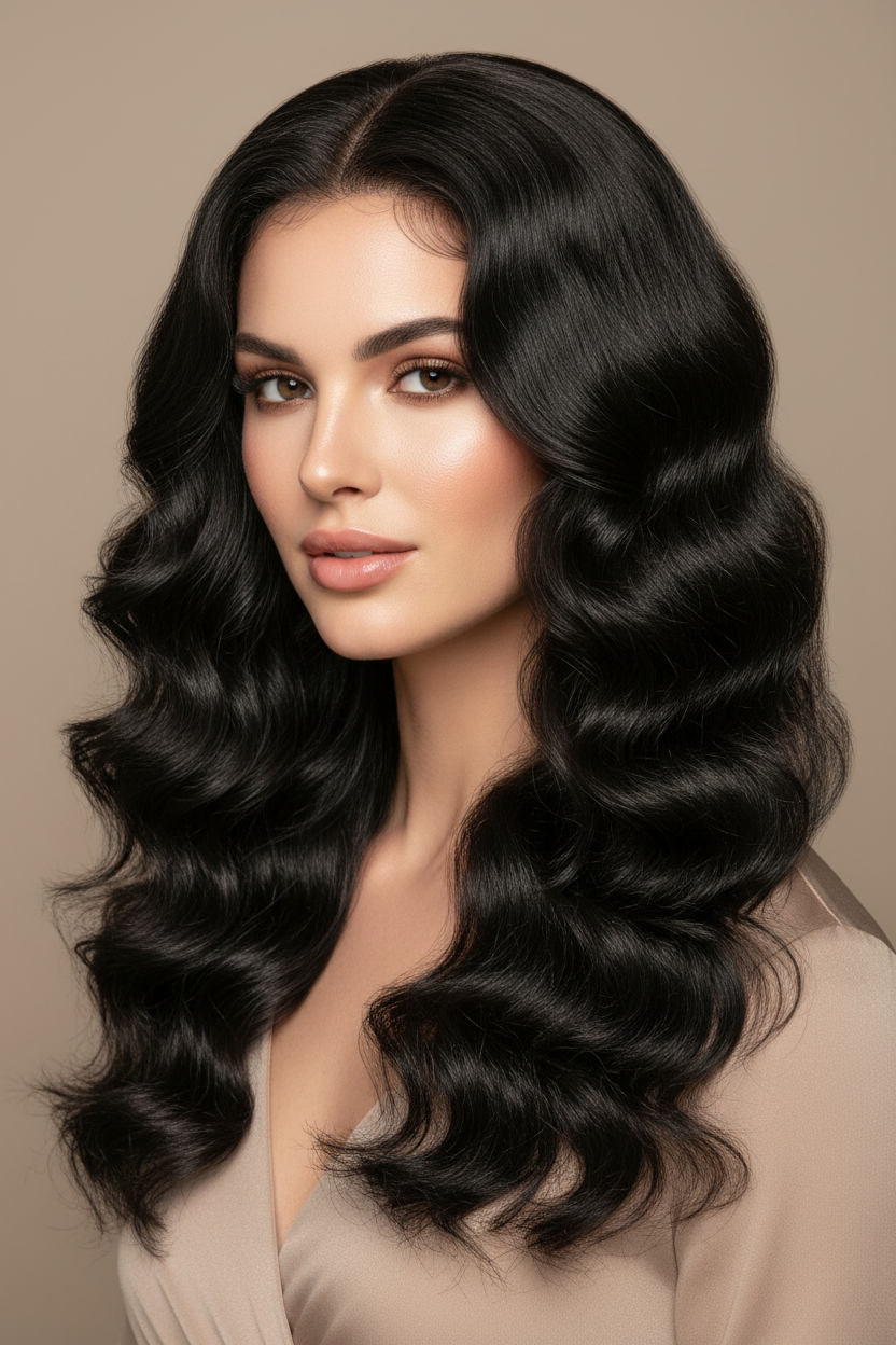 White woman wearing water wave human hair wig