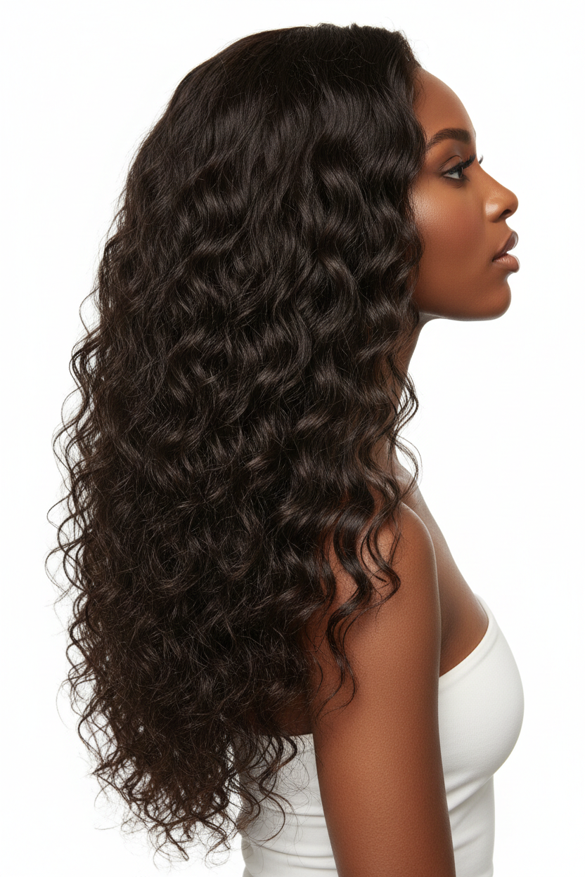 Side profile view showing long length and curly wave texture with volume