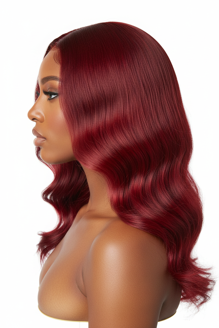 Side view of Bright Red Burg body wave wig showing vibrant color