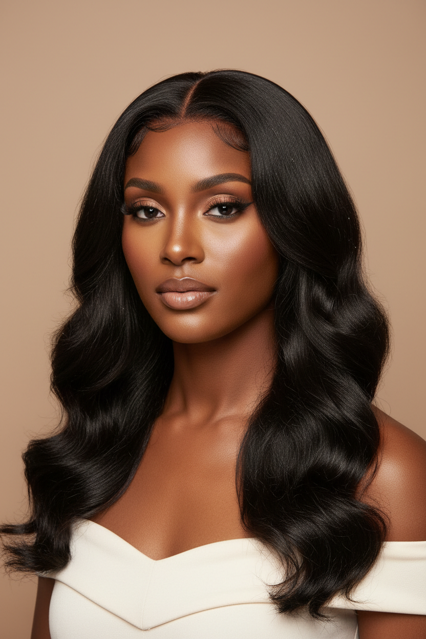 Black woman wearing 24 inch body wave lace frontal wig