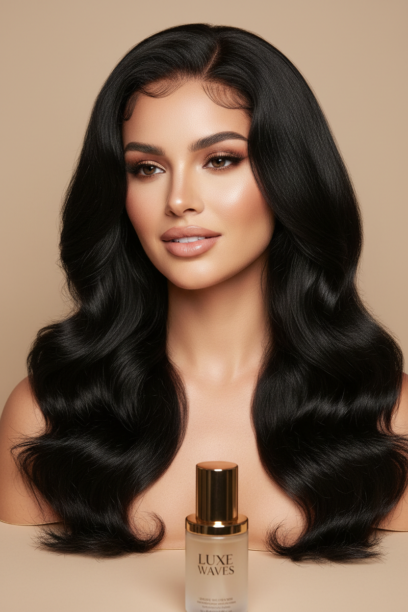 White woman wearing 24 inch body wave lace frontal wig