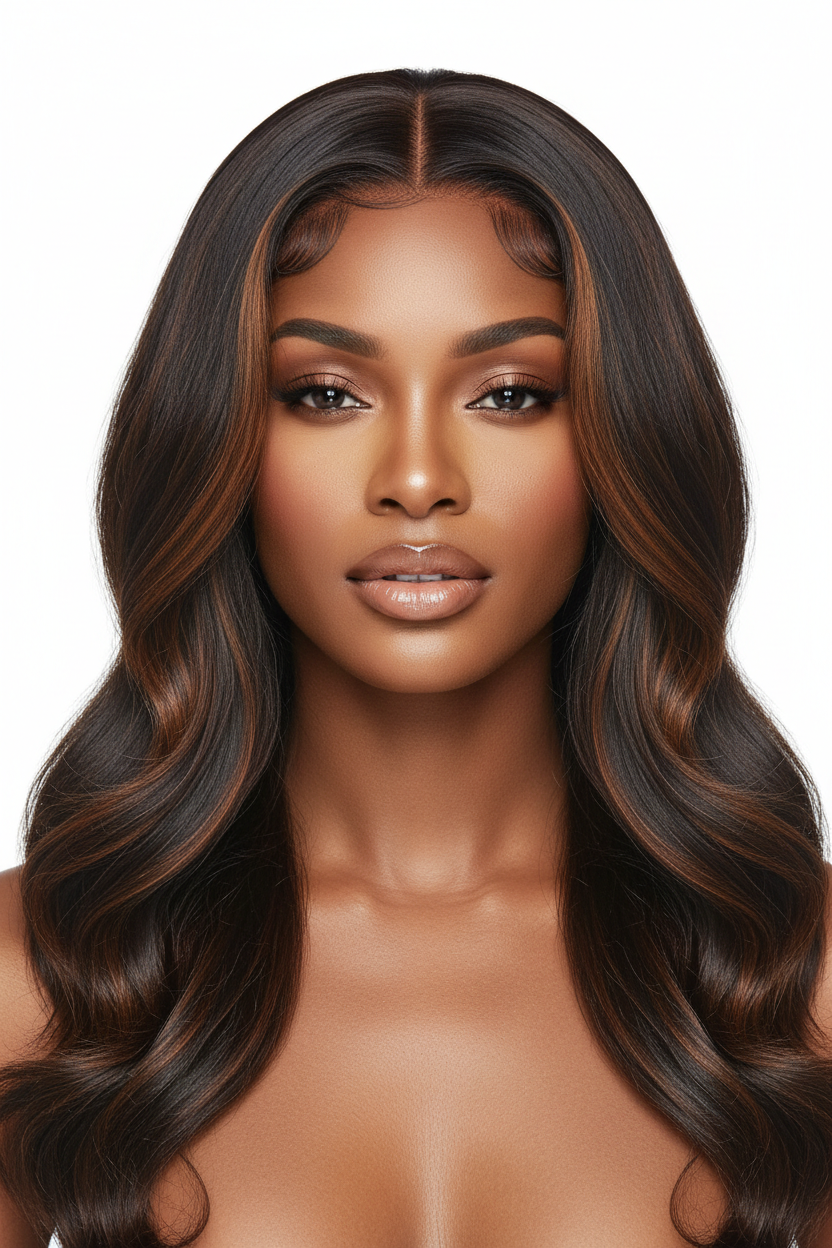 Front view of premium body wave human hair wig with Brown #4 highlights - 13x4 lace front