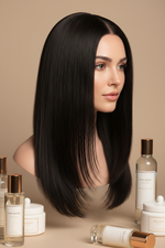 White woman wearing yaki straight human hair wig