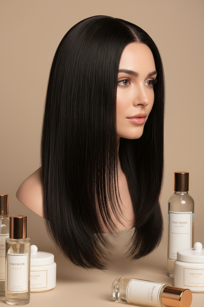 White woman wearing yaki straight human hair wig