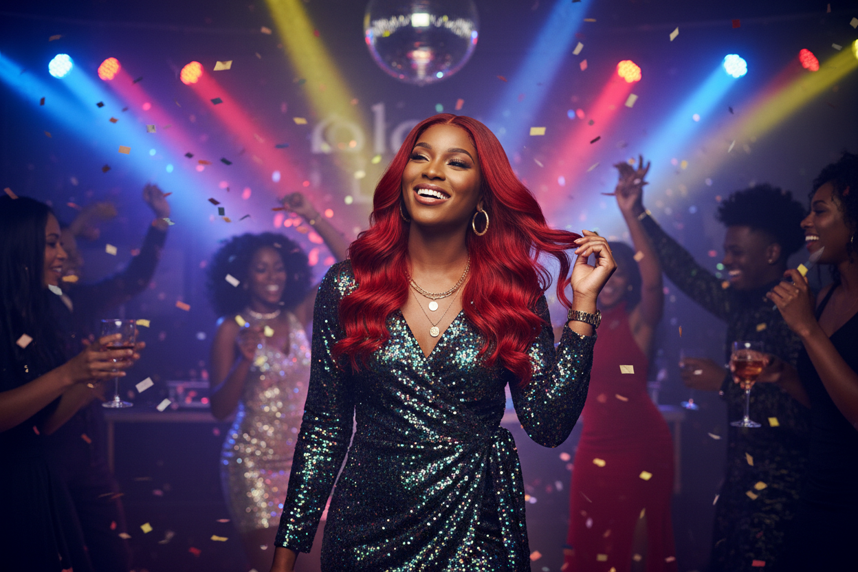 Lifestyle image - woman wearing Bright Red Burg wig at party