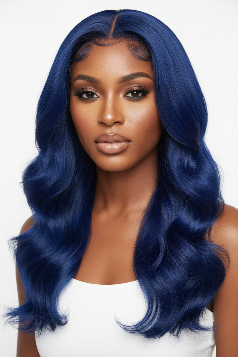 Front view of premium body wave human hair wig in Royal Blue Deep Blue - 13x4 lace front