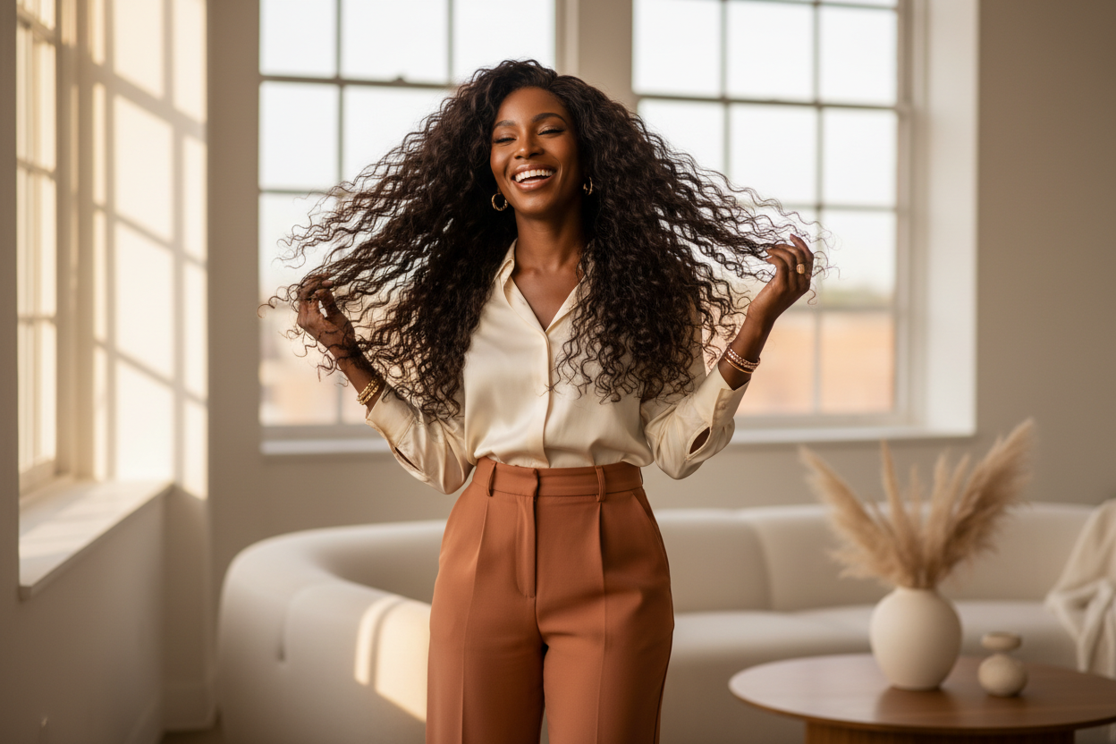 Lifestyle image showing long curly wig worn in everyday setting with natural movement