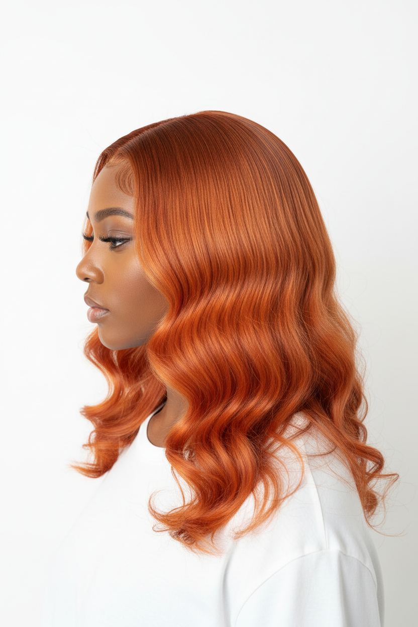 Side view of Copper Orange Ginger 350 body wave wig showing vibrant color