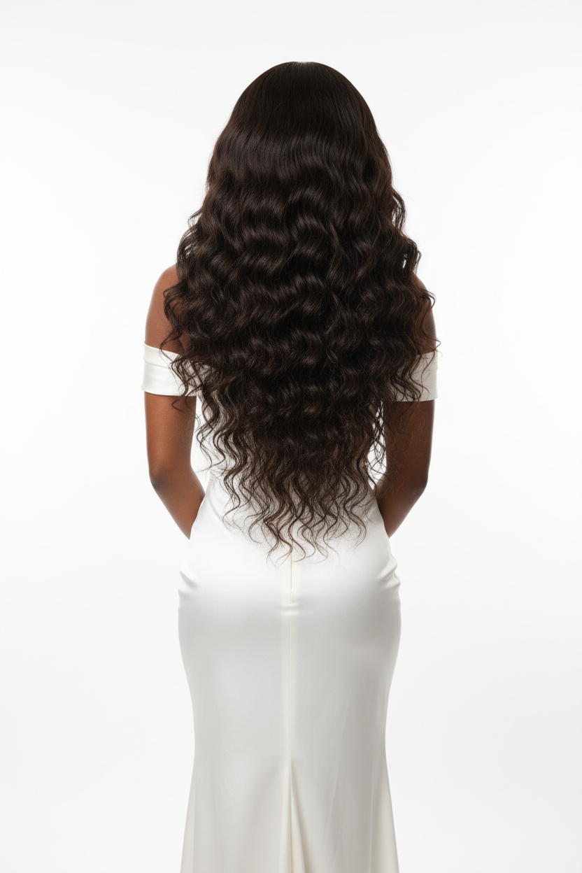 Back view displaying full length and volume of 24-inch curly waves