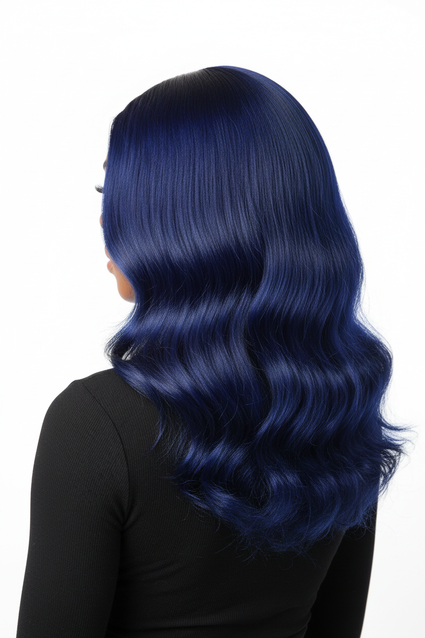 Back view showing full volume and density of Royal Blue Deep Blue wig