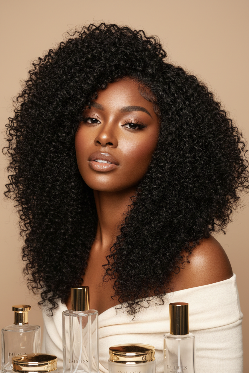Black woman wearing curly wave human hair wig
