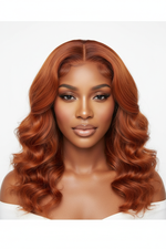 Front view of premium body wave human hair wig in Copper Orange Ginger 350 - 13x4 lace front