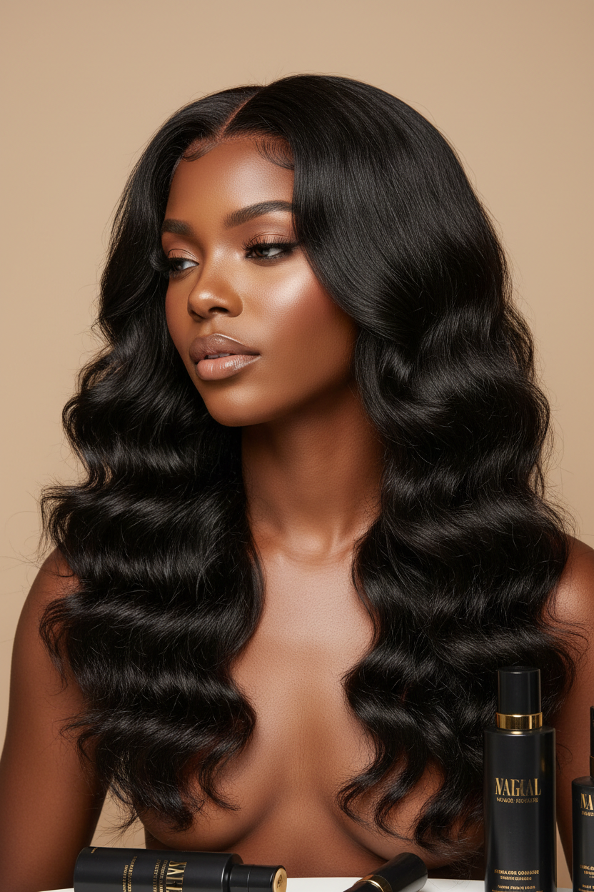 Black woman wearing water wave human hair wig