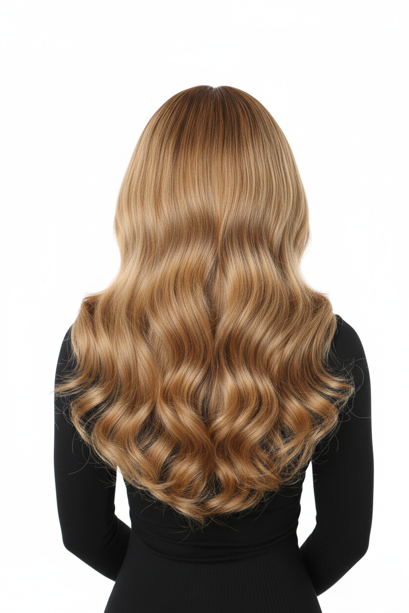 Back view showing full volume and density of Honey Blonde 27 human hair wig