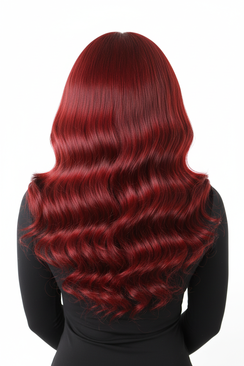 Back view showing full volume and density of Bright Red Burg wig
