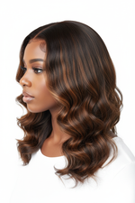 Side view of body wave wig showing Brown #4 highlight color blend and natural hairline