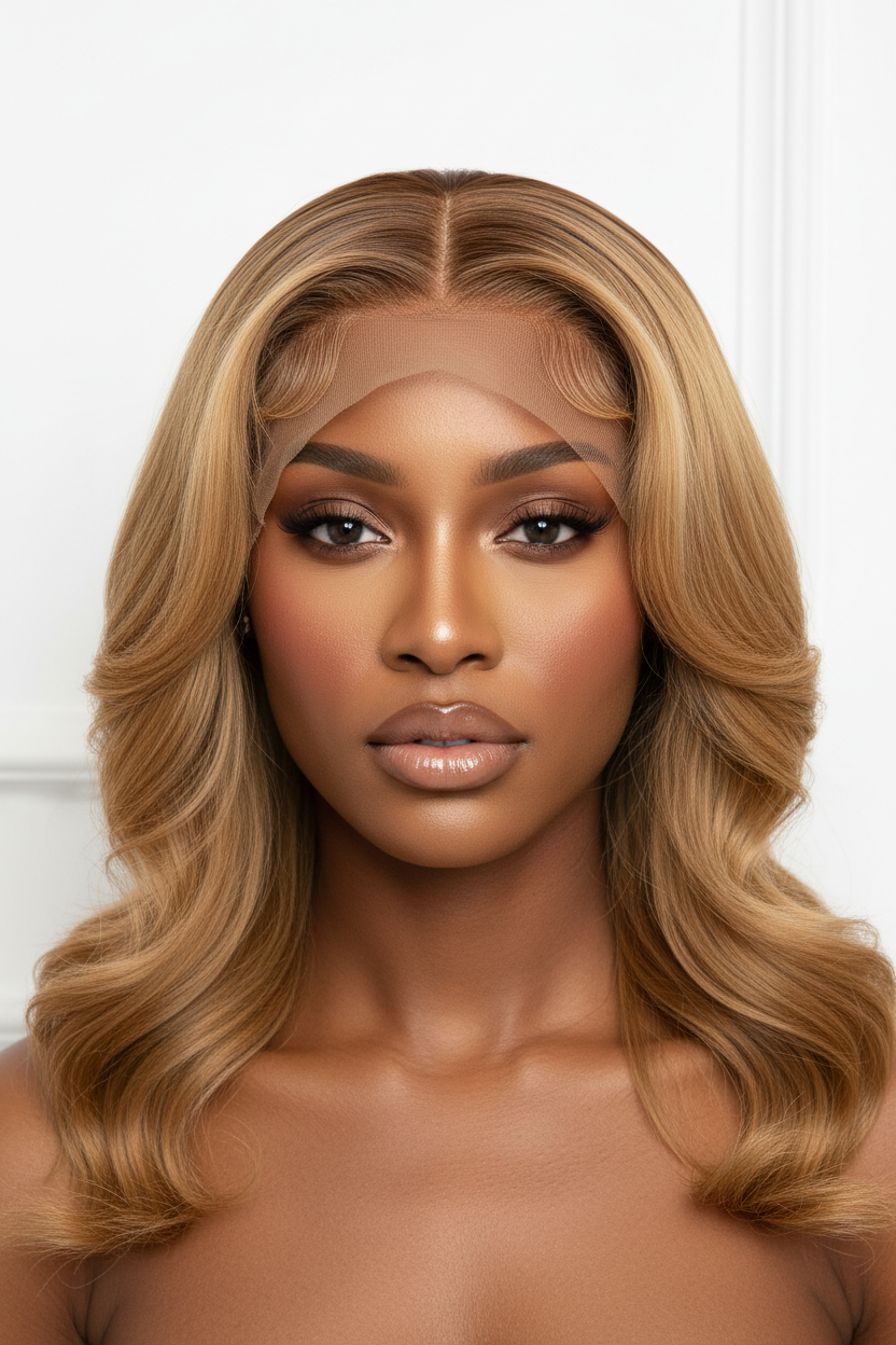 Front view of premium body wave human hair wig in Honey Blonde 27 - 13x4 lace front