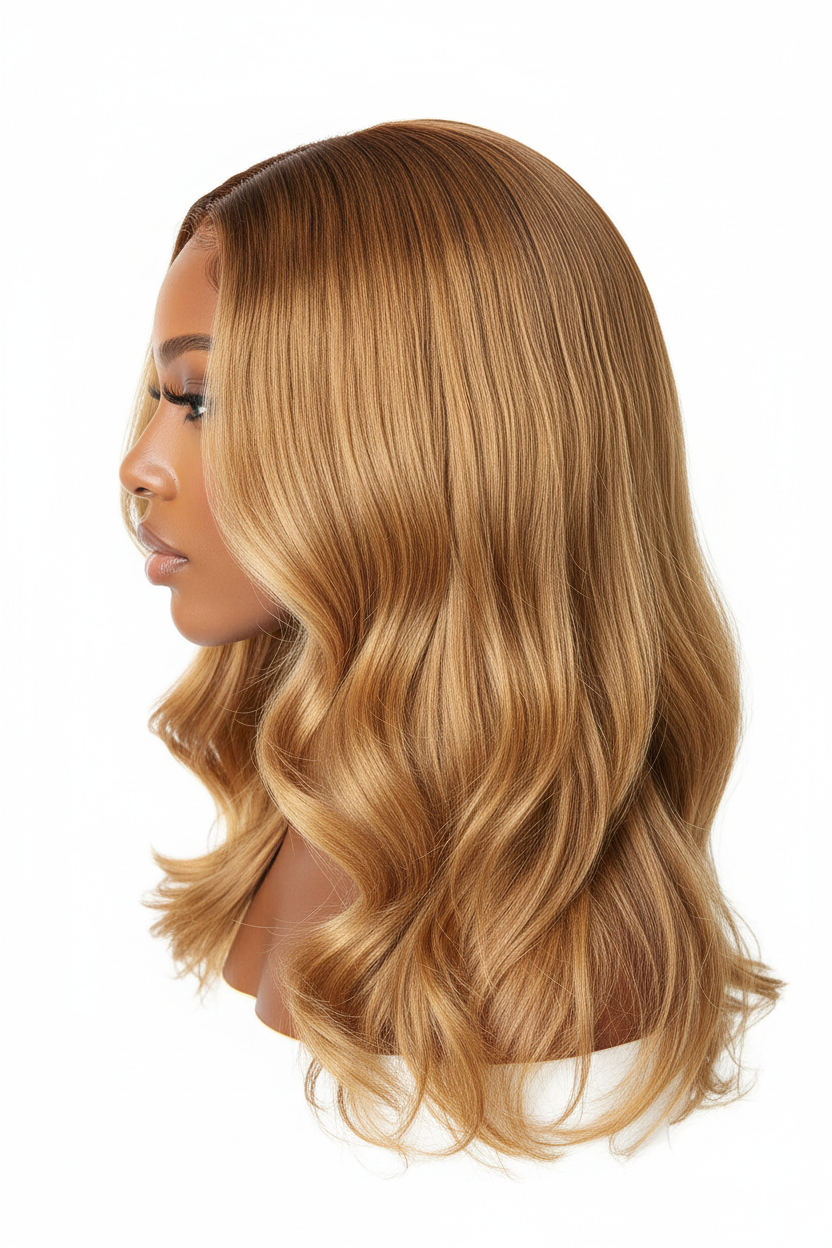 Side view of Honey Blonde 27 body wave wig showing warm golden tones